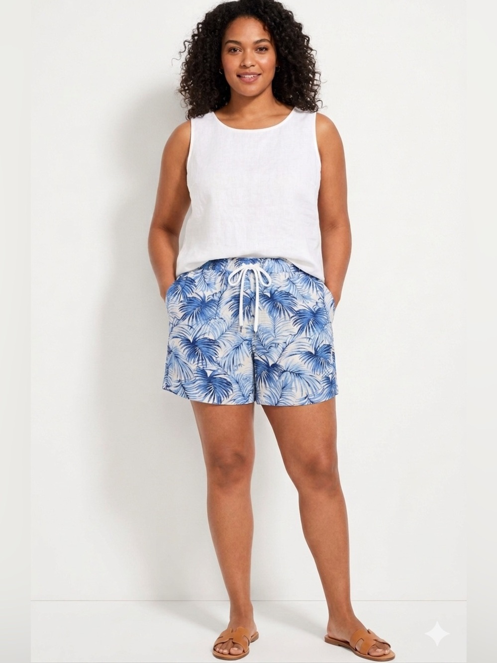 Talbots Linen Cotton Shorts Blue Cream Tropical Palm Print Beachy Women’s 2X